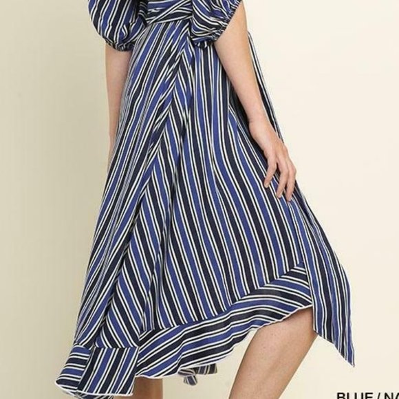 Umgee Navy Mix Striped Puff Sleeve V-Neck Wrap Midi Dress - Picture 3 of 4